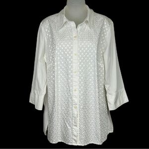 Worthington Embroidered‎ Button Up Top Size 16 Ditsy Floral Cotton White Career